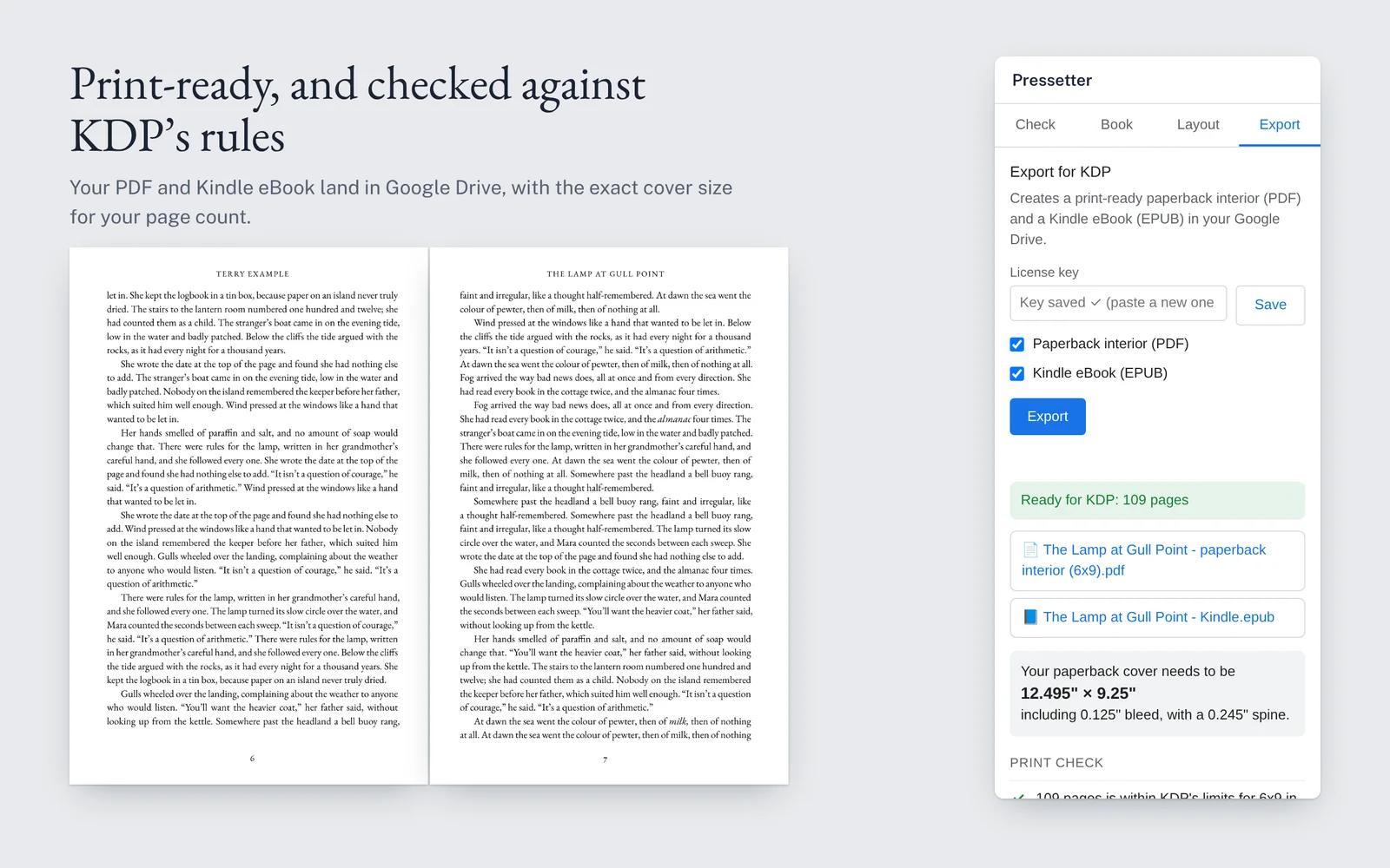 The Export tab after exporting: Ready for KDP, 109 pages, links to the PDF and EPUB in Google Drive, and the cover size, next to a typeset two-page spread.