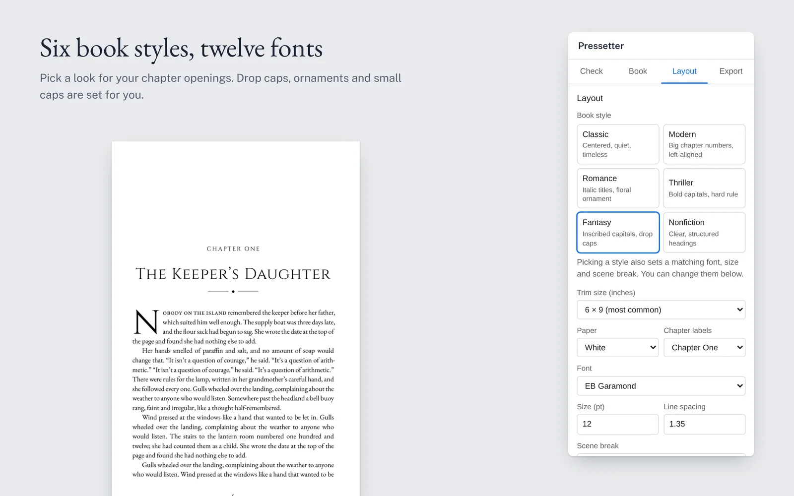 The Layout tab with the Fantasy style selected, next to the chapter opening it produces: inscribed capitals, a diamond ornament and a drop cap.